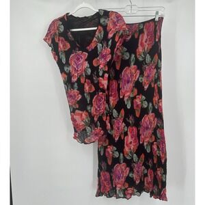 Lola P Womens Artsy Dark Floral Top Skirt Set Size L Beaded Romantic Vintage